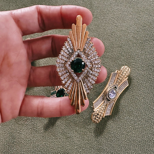Vintage 925 Ayar Gümüş Zirkon Yeşil Taşlı Broş